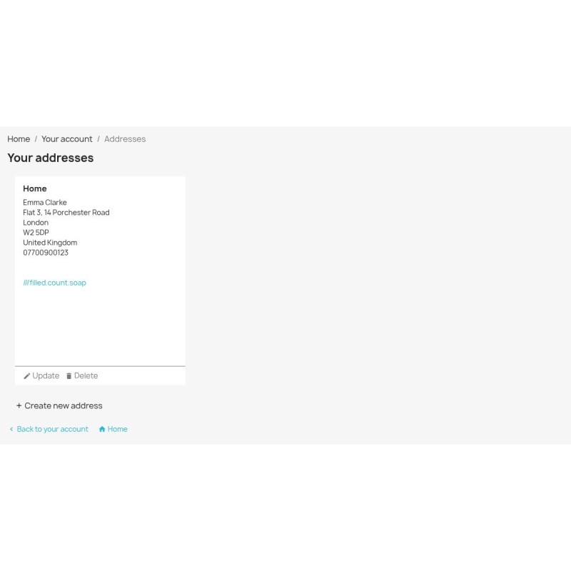 Customer address book showing the what3words address of a saved address
