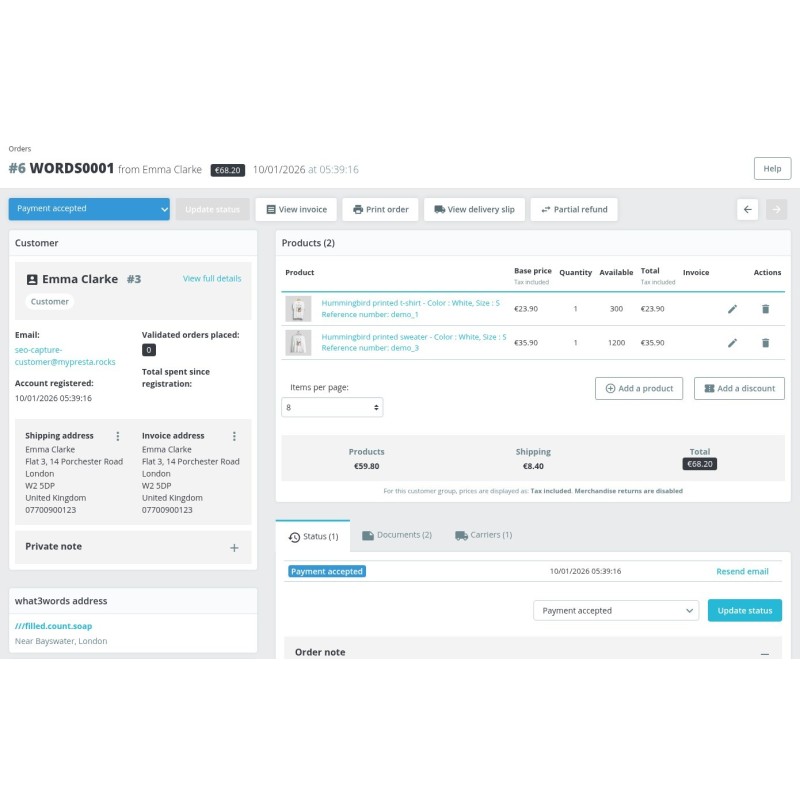 Back office order page with the what3words address next to the customer details