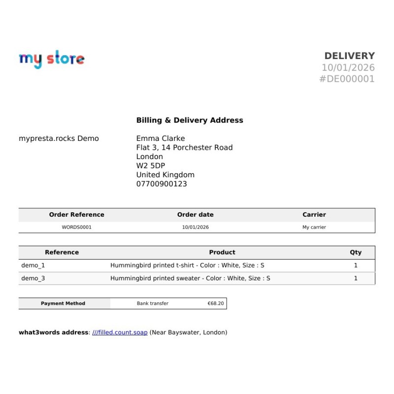 Delivery slip with the what3words address under the delivery address