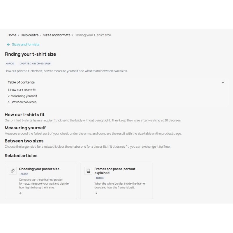 Help article with a contents list, section headings and related guides from the same category