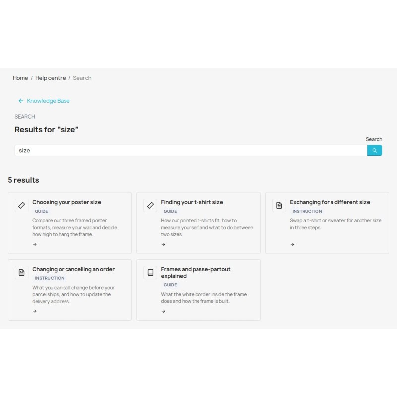 Knowledge-base search results showing published articles for the customer's query