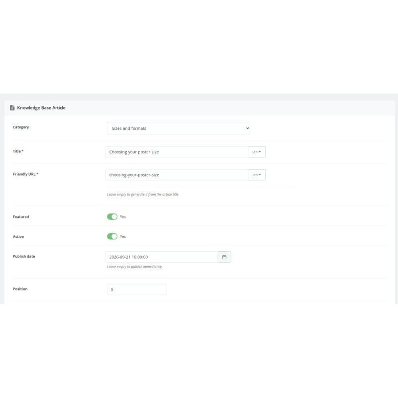 Back office article editor with language fields, featured status and a publication date