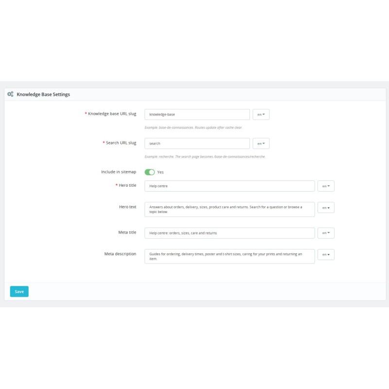Knowledge Base settings for page addresses, the landing-page introduction and search descriptions