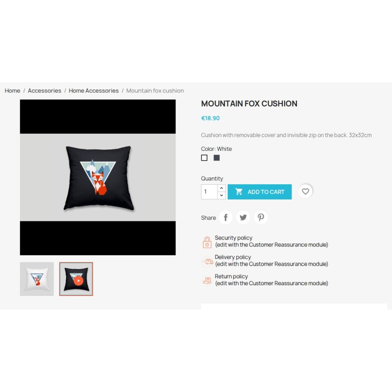 Product demonstration selected beside photo thumbnails in a PrestaShop product gallery