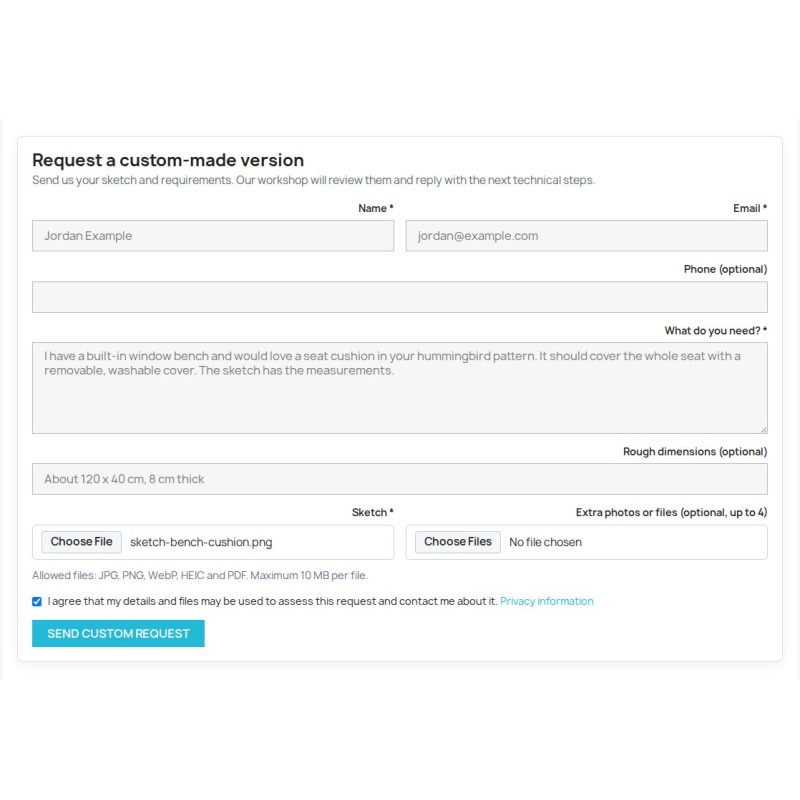 Standalone custom request form with a sketch selected and rough dimensions entered