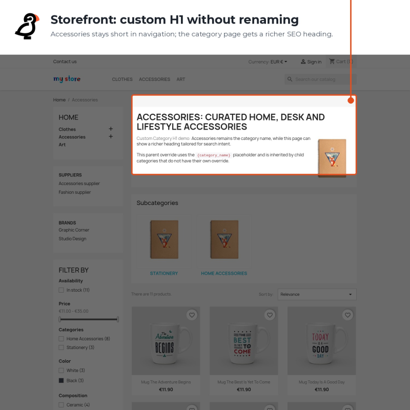 Storefront showing a custom H1 heading while the category name stays unchanged